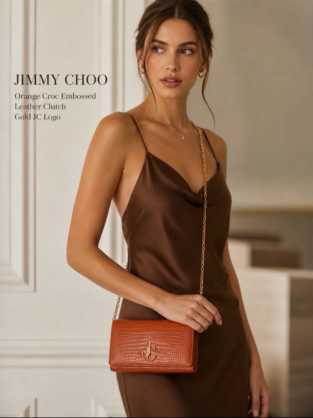 Jimmy Choo Croc Embossed Leather Clutch Orange Gold Chain Evening Bag